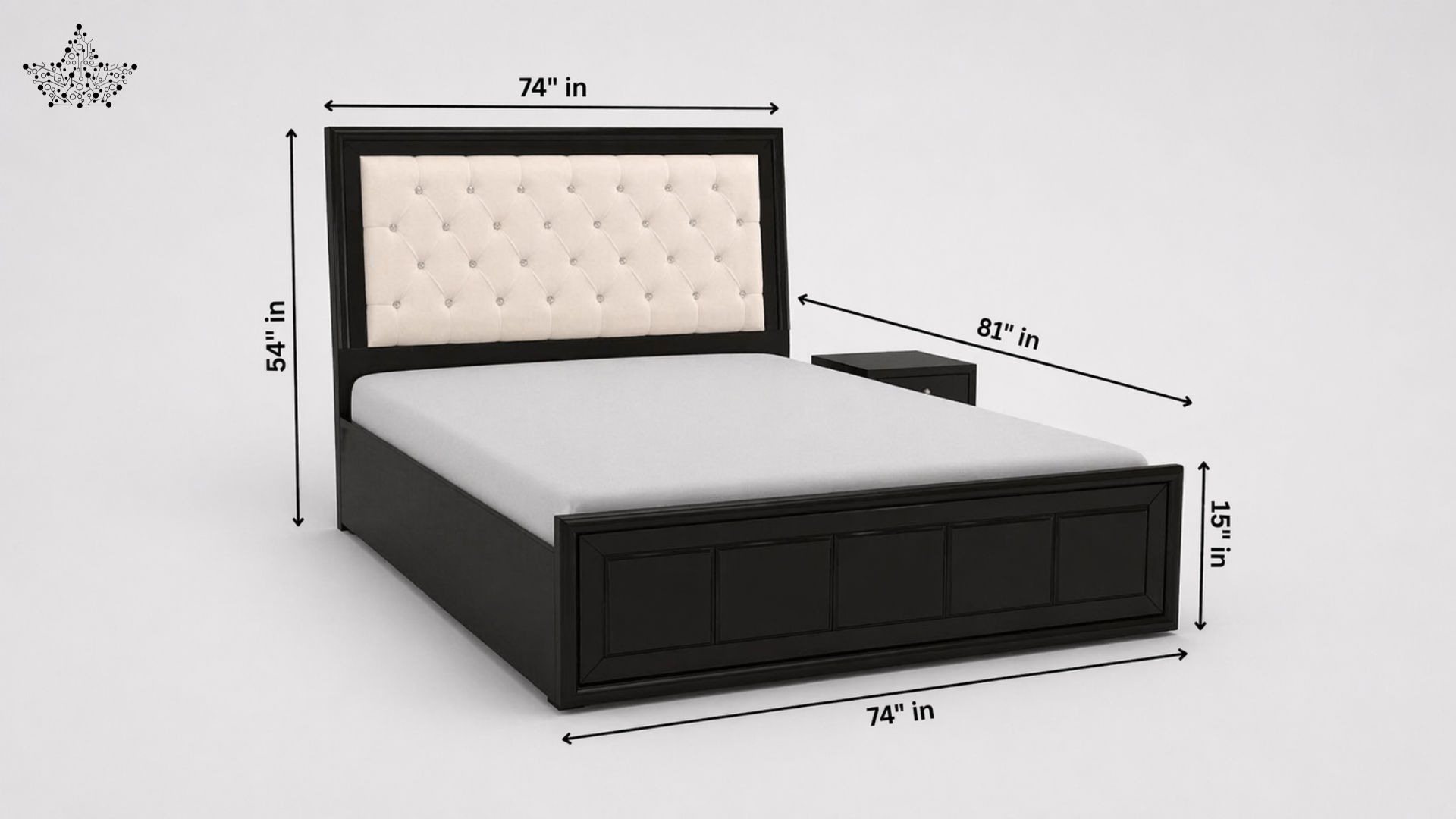 Bed with dimensions labeled on a white background