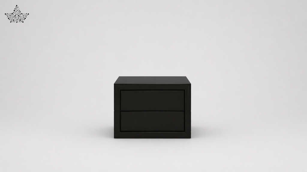 Black two-drawer nightstand on a light gray background