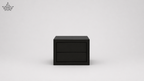 Black two-drawer nightstand on a light gray background