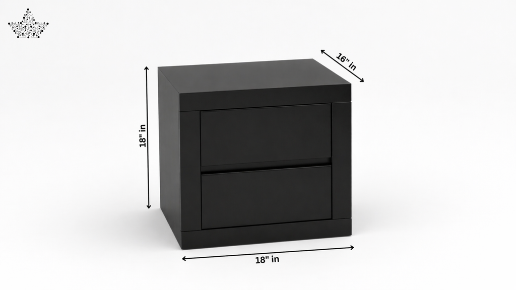 Black nightstand with dimensions indicated on a white background