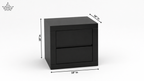 Black nightstand with dimensions indicated on a white background