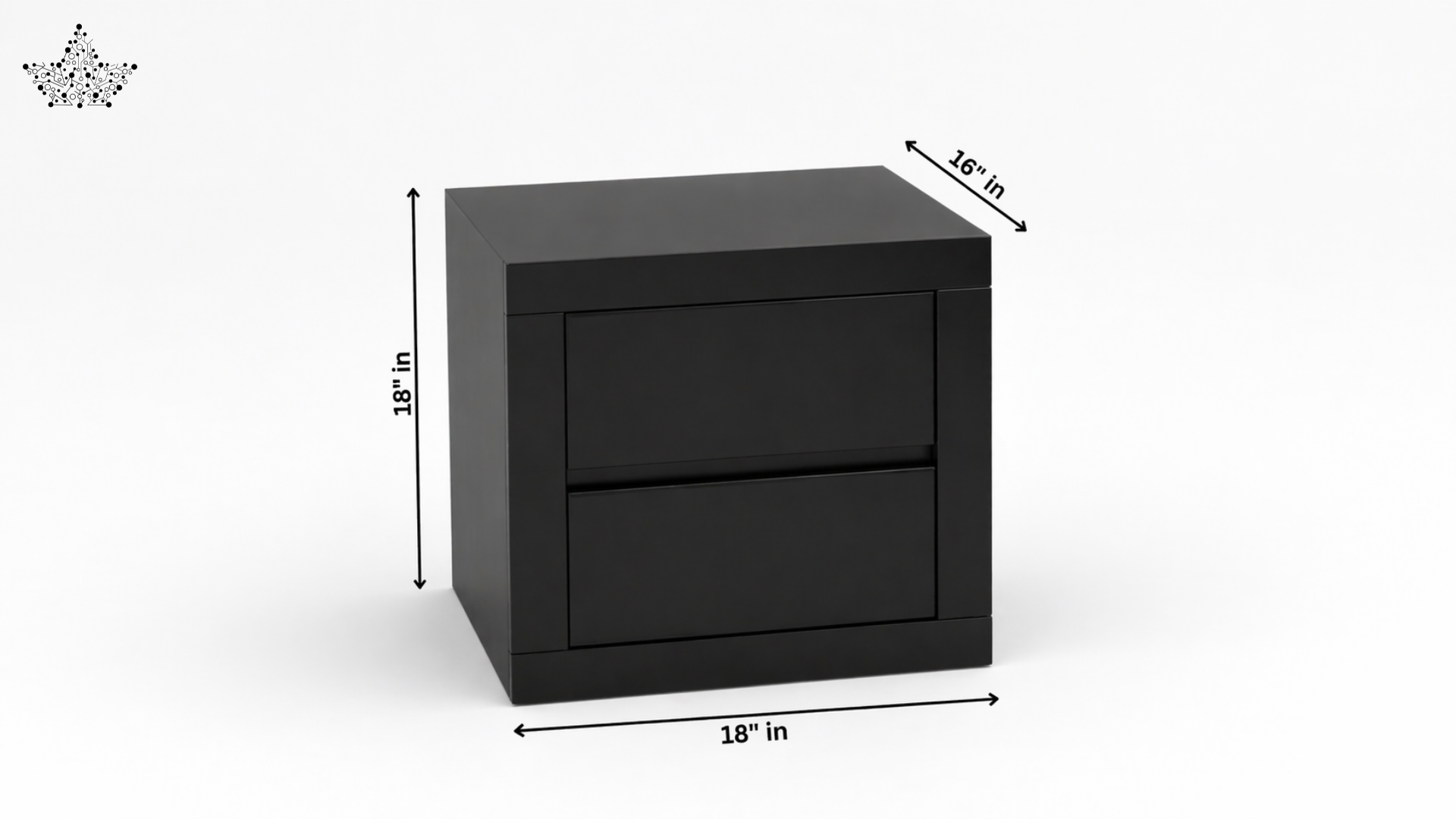 Black nightstand with dimensions indicated on a white background