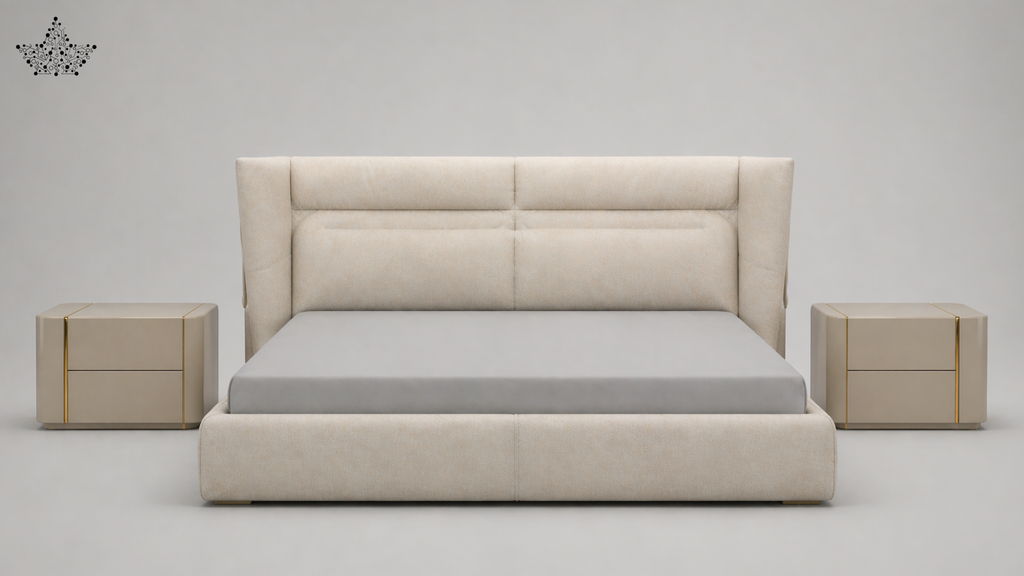 Beige bed with matching nightstands on a gray background
