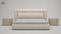 Beige bed with matching nightstands on a gray background