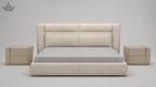 Beige bed with matching nightstands on a gray background