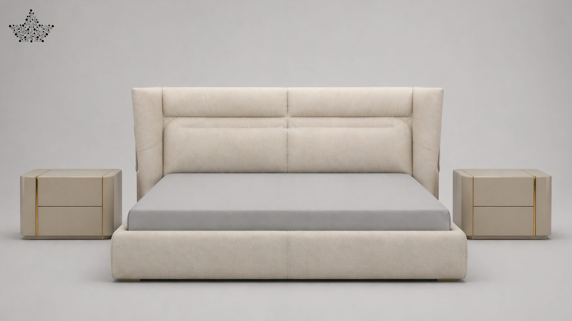Beige bed with matching nightstands on a gray background