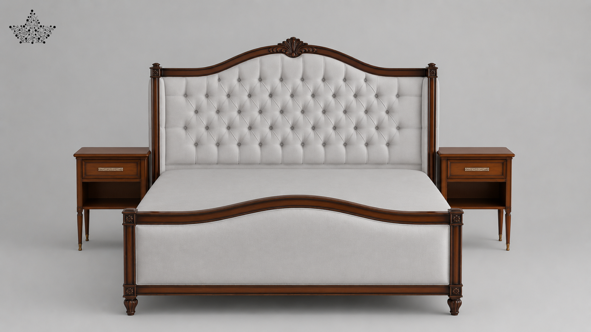 Wooden bed with tufted headboard and two matching nightstands on a gray background