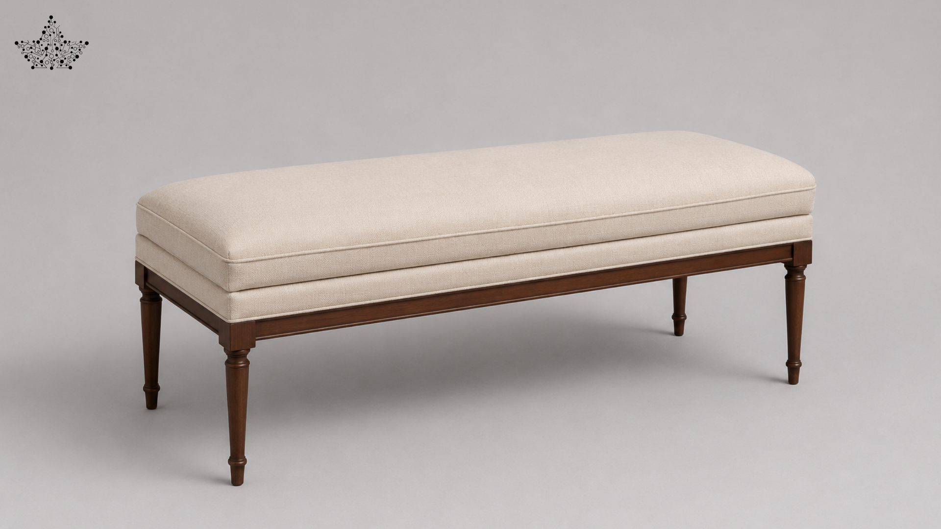 Beige upholstered bench with wooden legs on a gray background