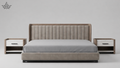 Gray upholstered bed with wooden headboard and nightstands on a gray background