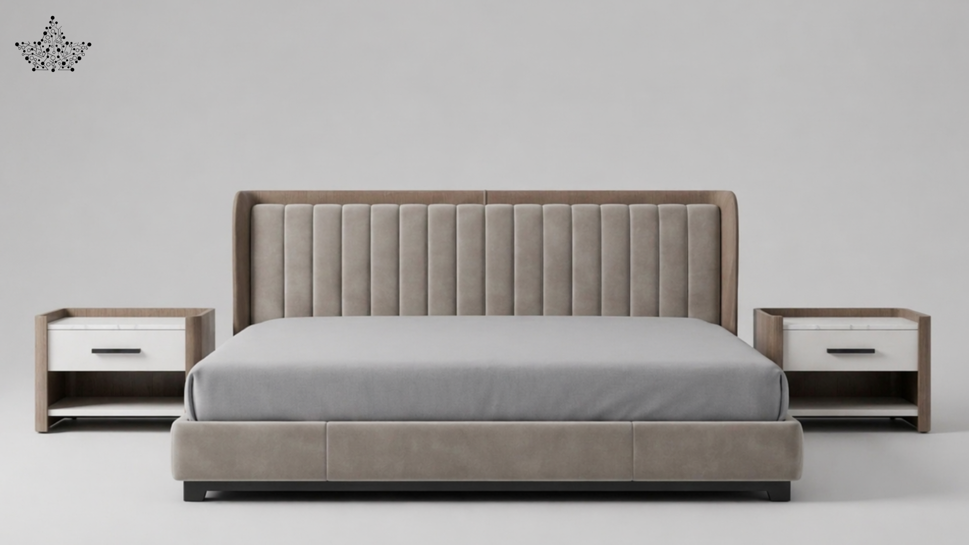 Gray upholstered bed with wooden headboard and nightstands on a gray background