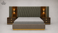 Modern bedroom set with gray bed, wooden side tables, and tufted headboard.