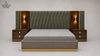Modern bedroom set with gray bed, wooden side tables, and tufted headboard.
