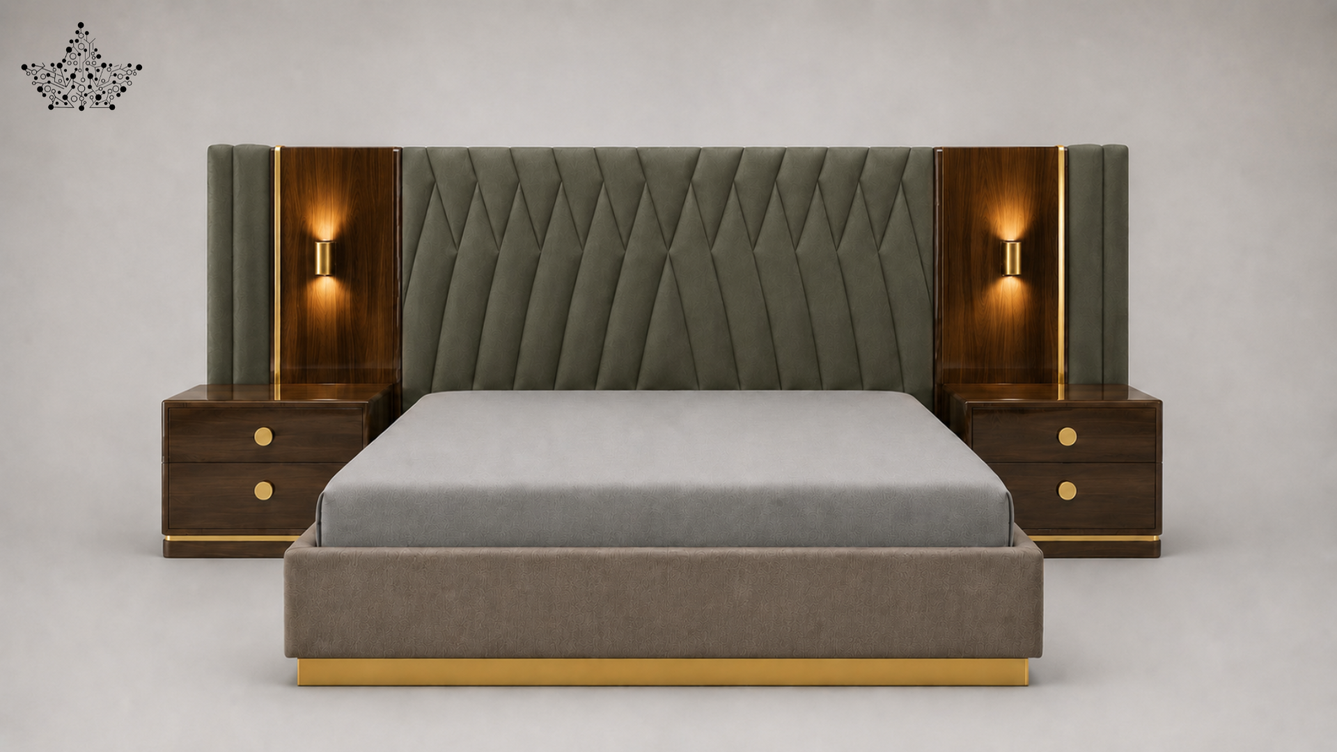 Modern bedroom set with gray bed, wooden side tables, and tufted headboard.