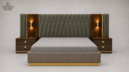 Modern bedroom set with gray bed, wooden side tables, and tufted headboard.