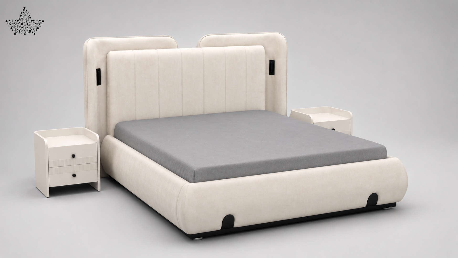 A modern upholstered bed with a tall segmented headboard and matching footboard in warm off-white fabric, shown with a gray mattress. Two matching side tables are placed beside the bed on a light gray studio background.