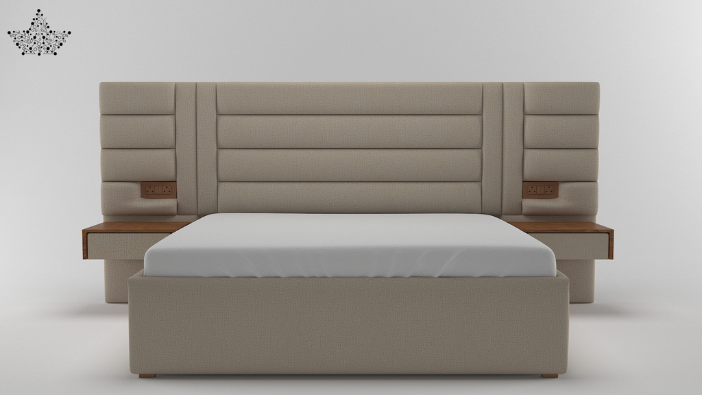 Beige bed with wooden accents on a white background