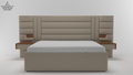 Beige bed with wooden accents on a white background