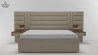 Beige bed with wooden accents on a white background