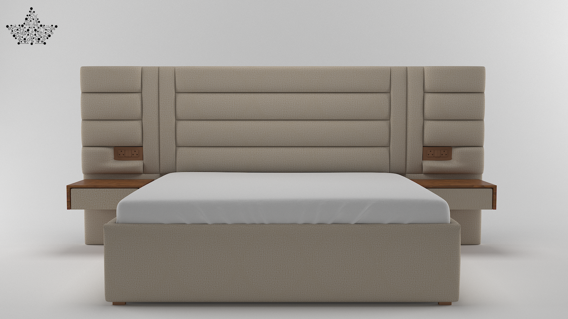 Beige bed with wooden accents on a white background