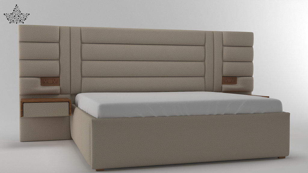 Beige upholstered bed with a headboard on a white background