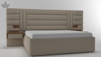 Beige upholstered bed with a headboard on a white background