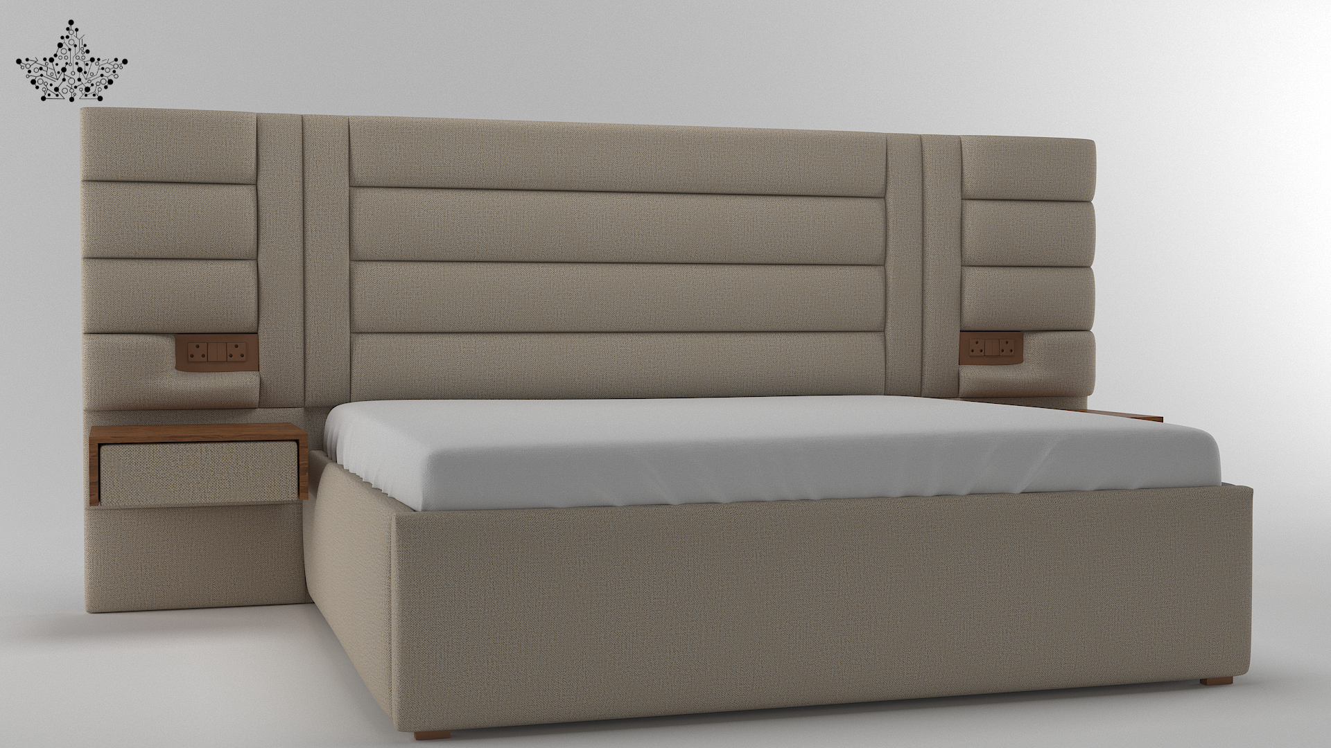 Beige upholstered bed with a headboard on a white background