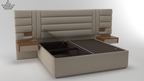 Beige upholstered bed with storage compartments on a white background