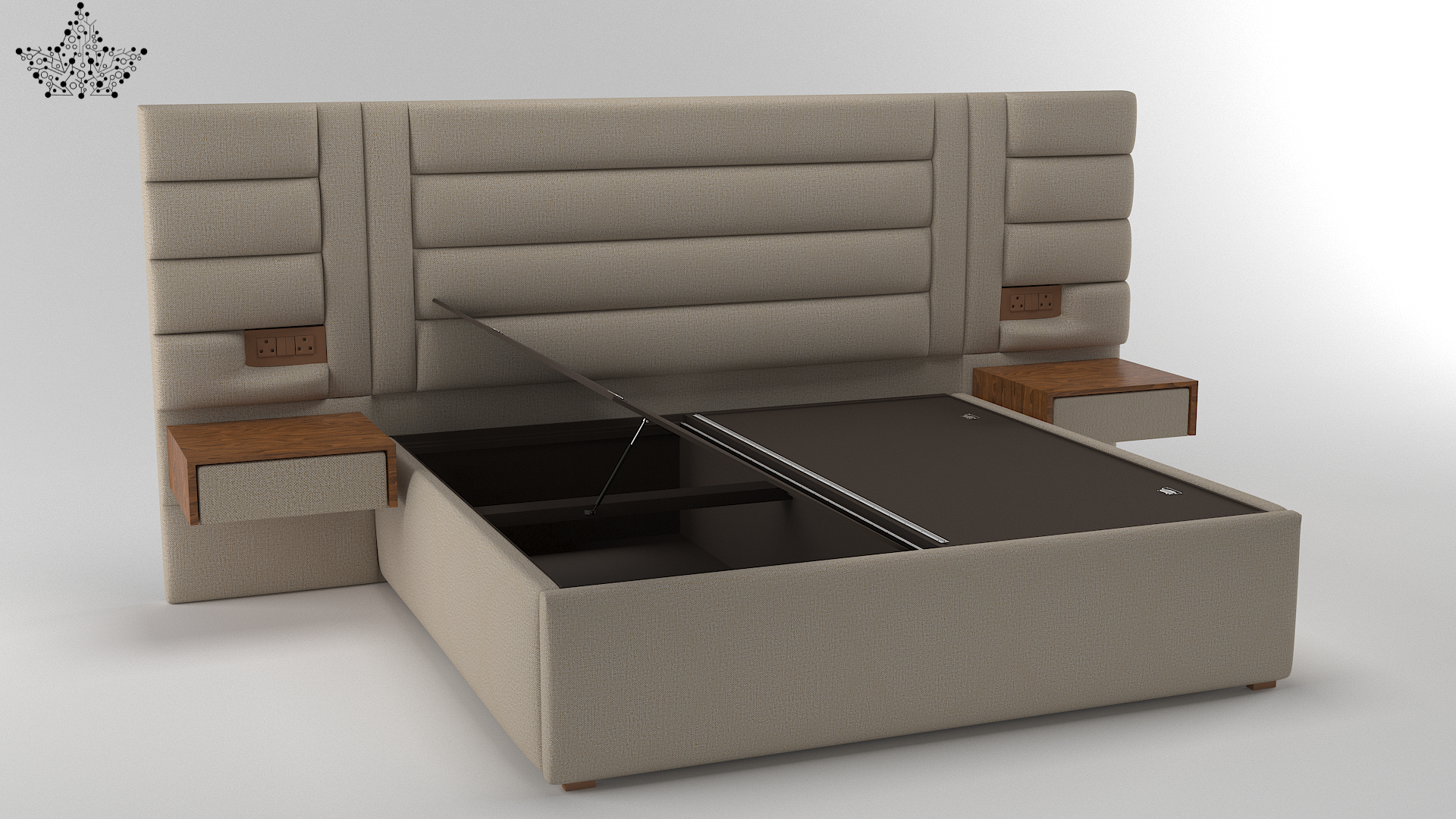 Beige upholstered bed with storage compartments on a white background