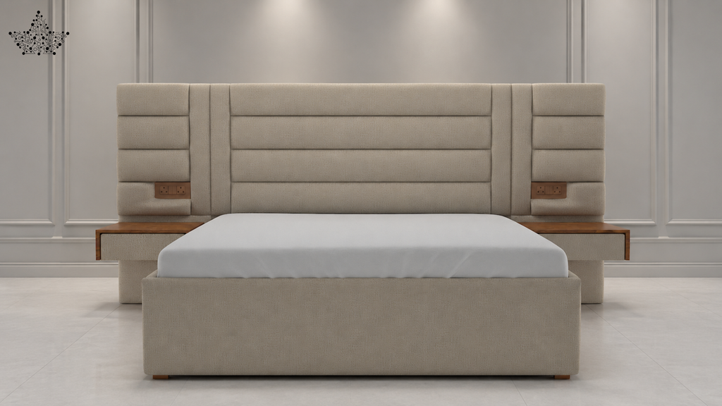 Beige upholstered bed with wooden accents against a white wall