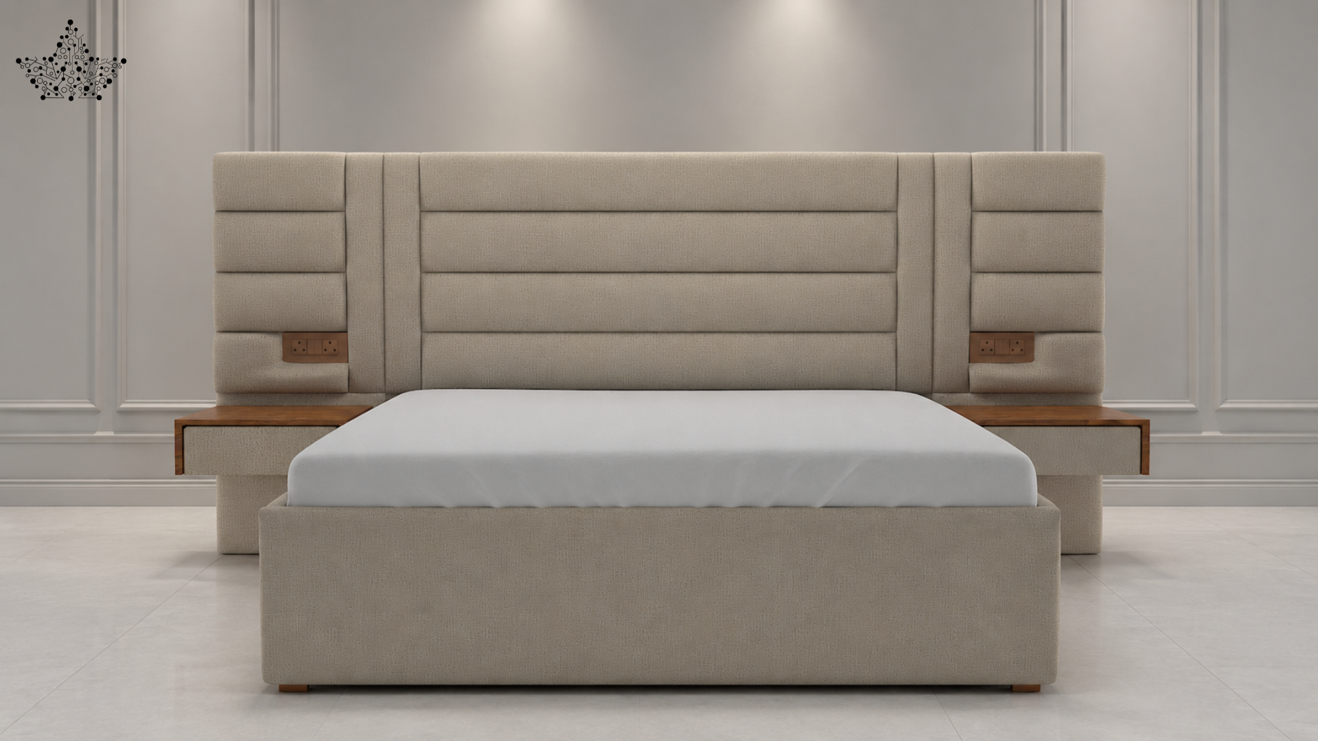 Beige upholstered bed with wooden accents against a white wall
