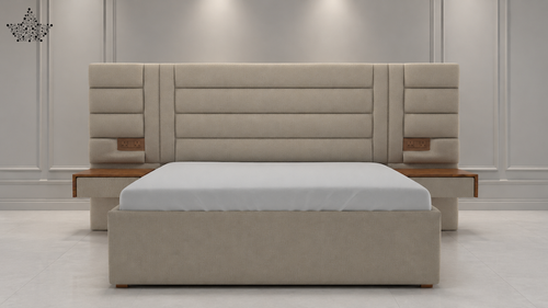 Beige upholstered bed with wooden accents against a white wall