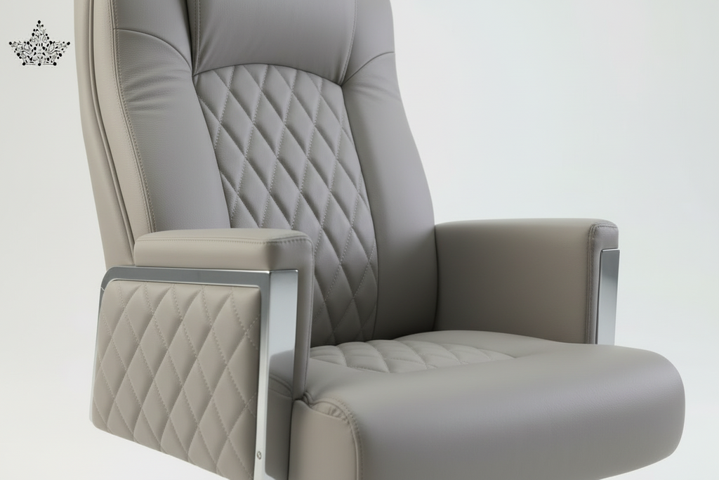 Gray office chair with quilted design on a white background
