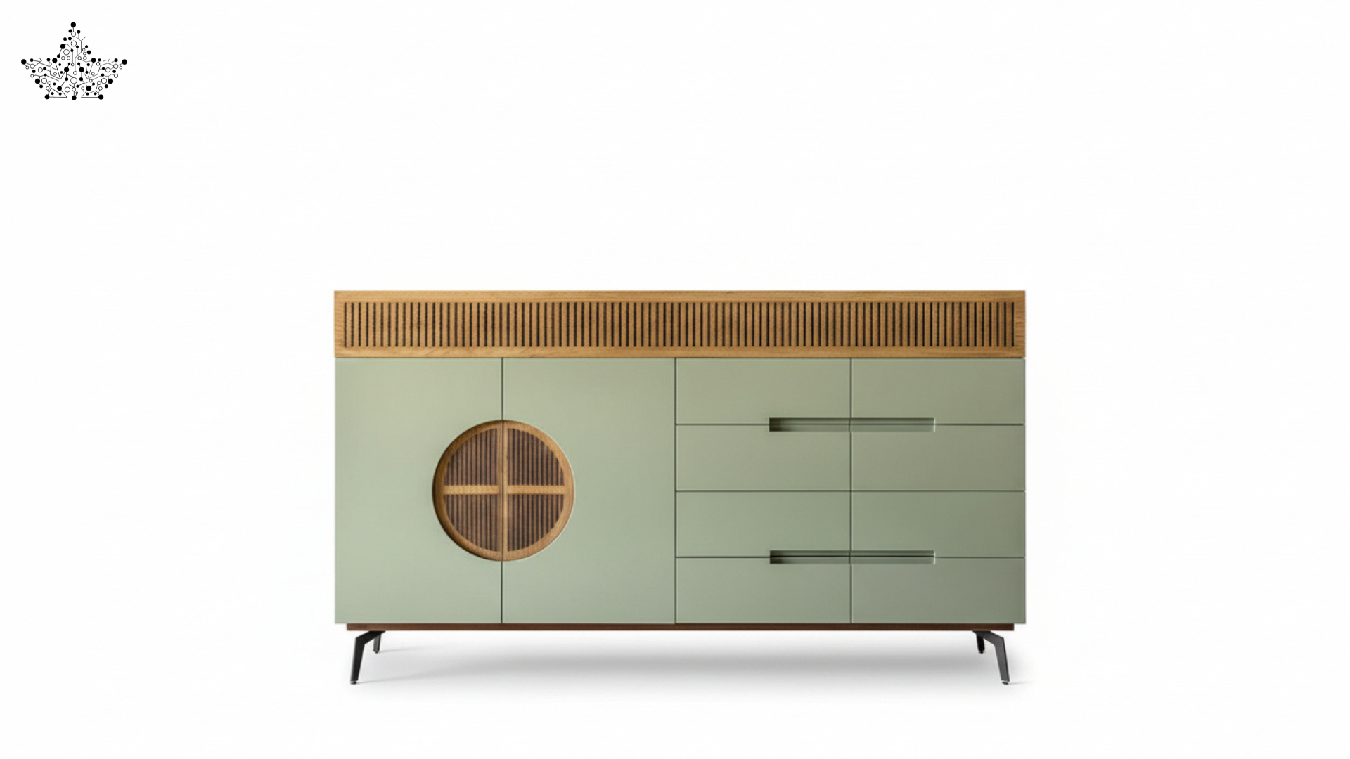 Green dresser with wooden accents on a white background