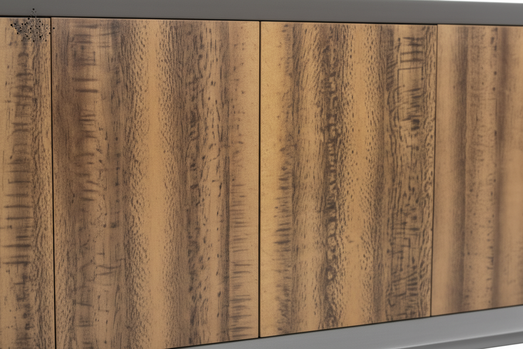 Wooden cutting board with metal frame on a white background