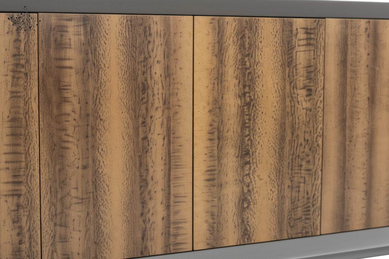 Wooden cutting board with metal frame on a white background