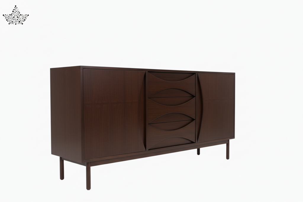 Dark brown wooden cabinet with decorative front panel on a white background