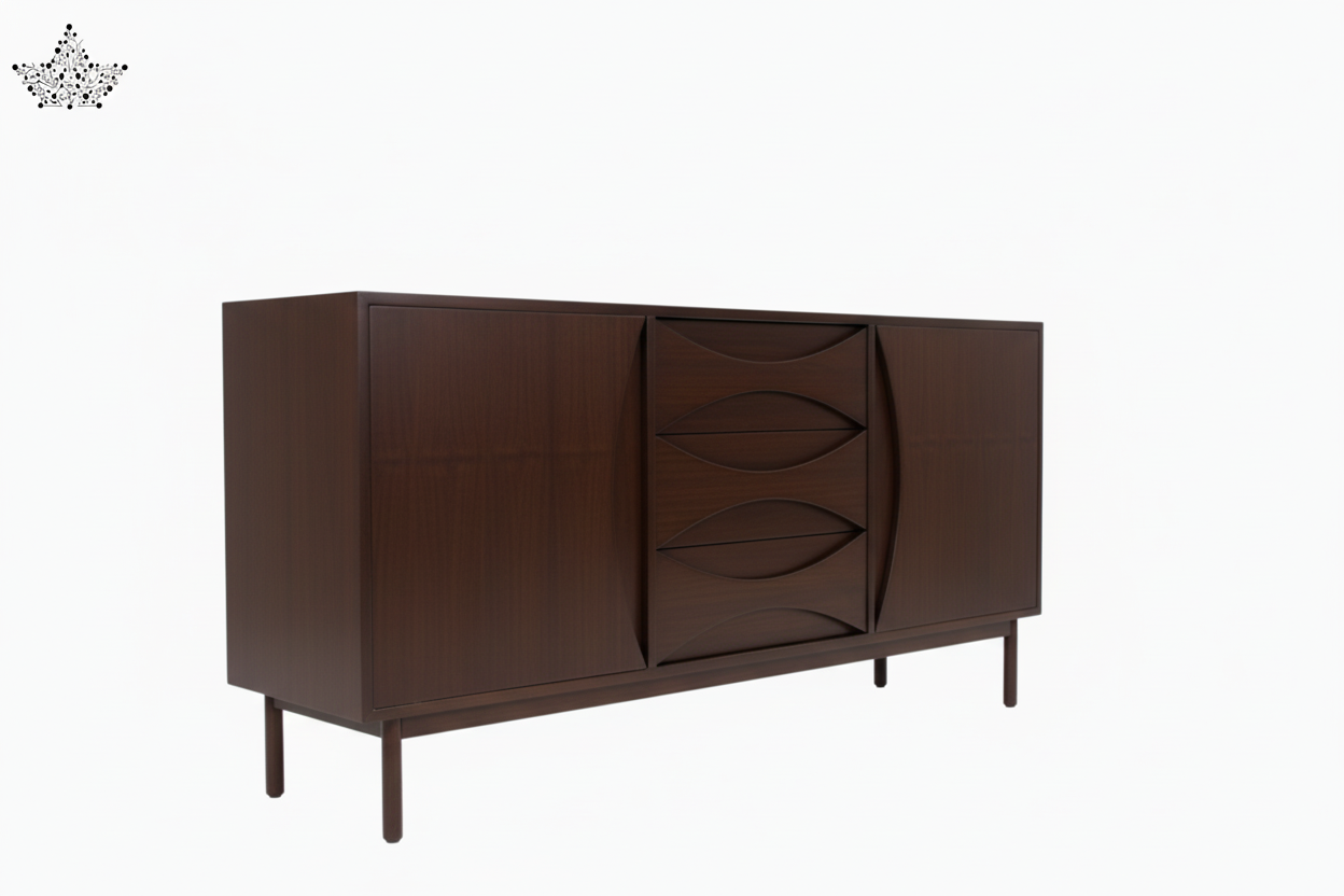 Dark brown wooden cabinet with decorative front panel on a white background