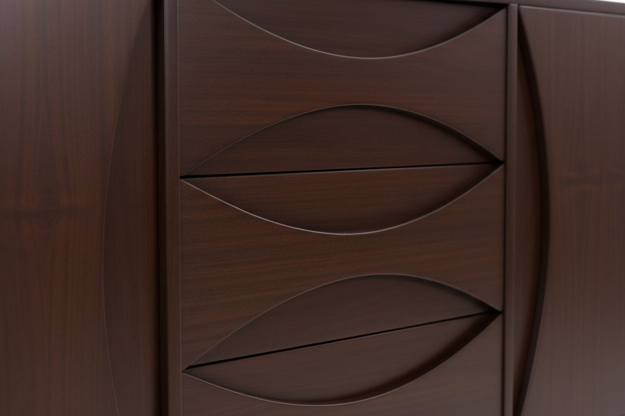 Dark brown wooden cabinet with decorative front panel on a white background