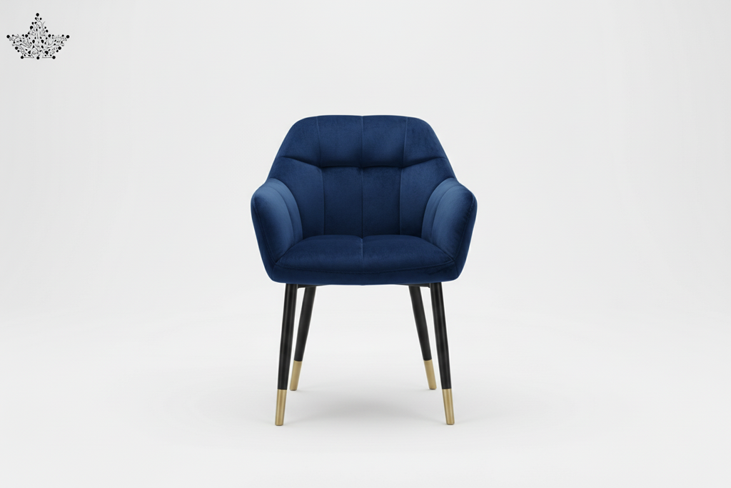 Blue velvet chair with gold legs on a white background