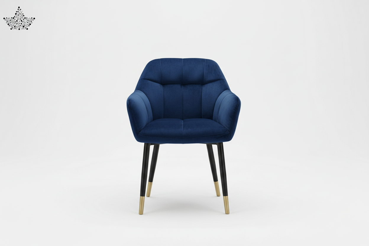 Blue velvet chair with gold legs on a white background