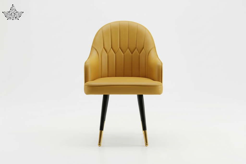 Mustard yellow chair with black legs on a white background