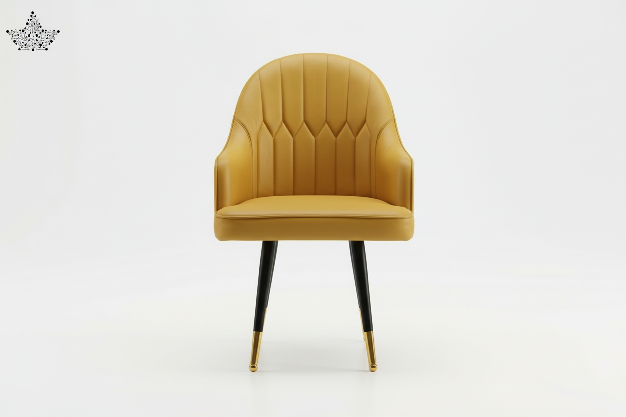 Mustard yellow chair with black legs on a white background