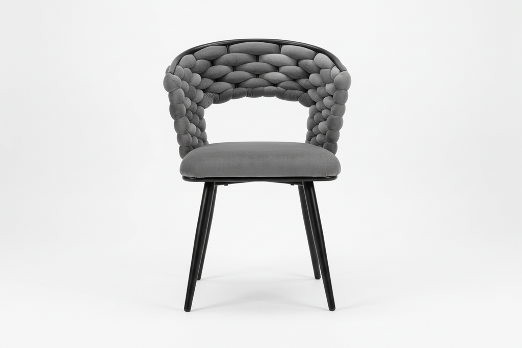 Gray chair with braided backrest on a white background
