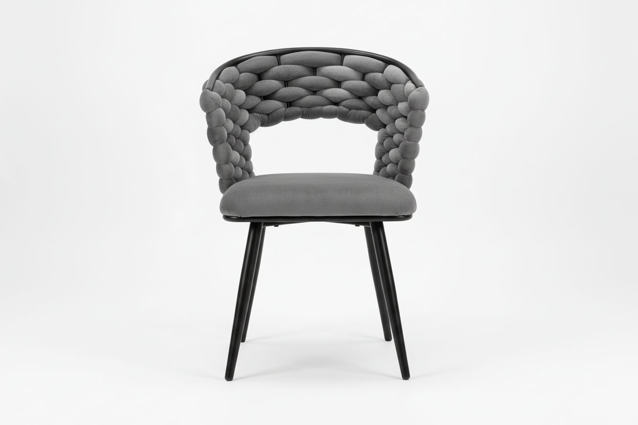 Gray chair with braided backrest on a white background