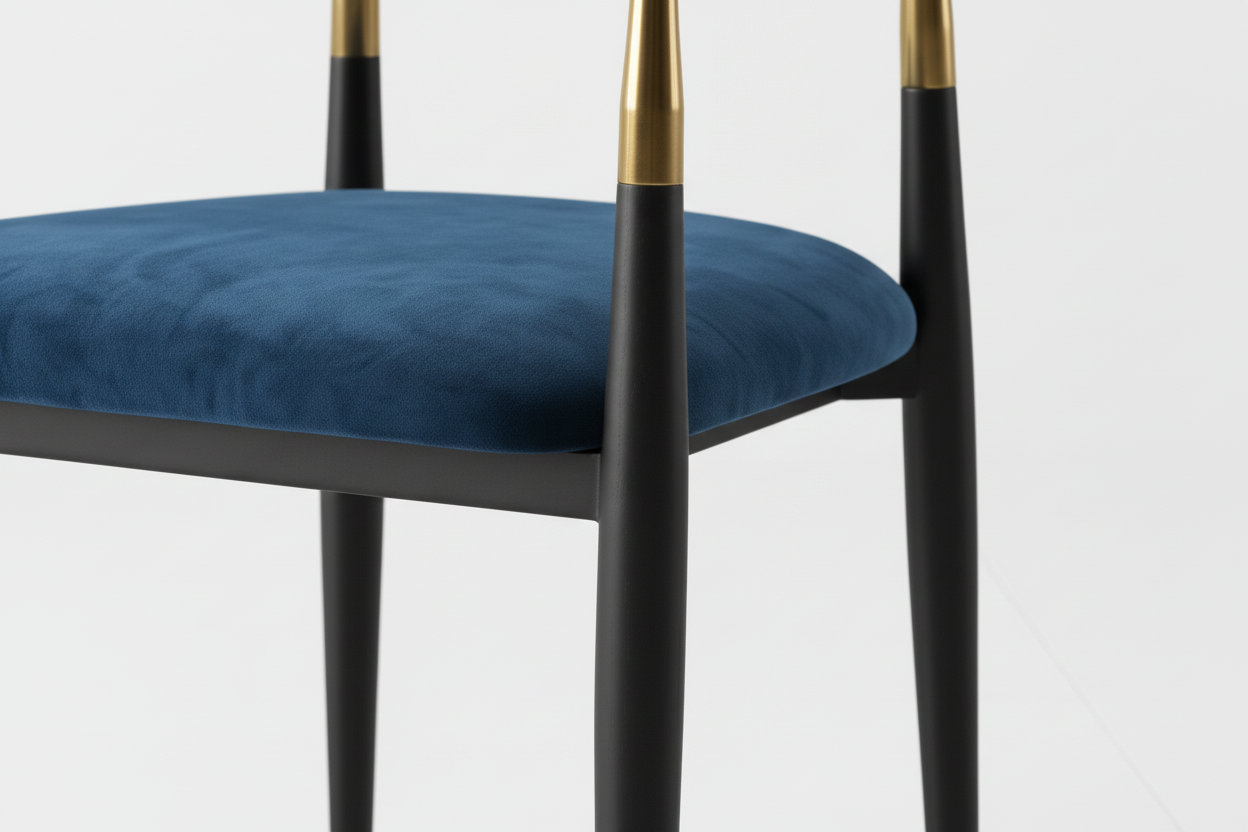 Chair with white backrest, blue seat, and gold armrests on a light gray background