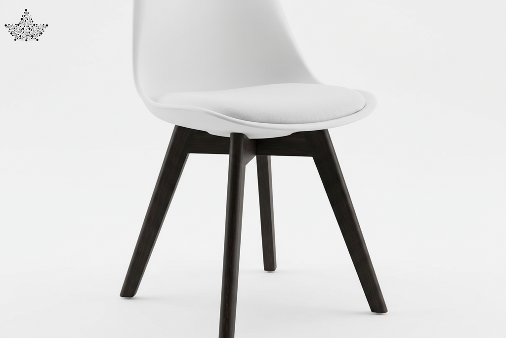 White chair with black legs on a white background