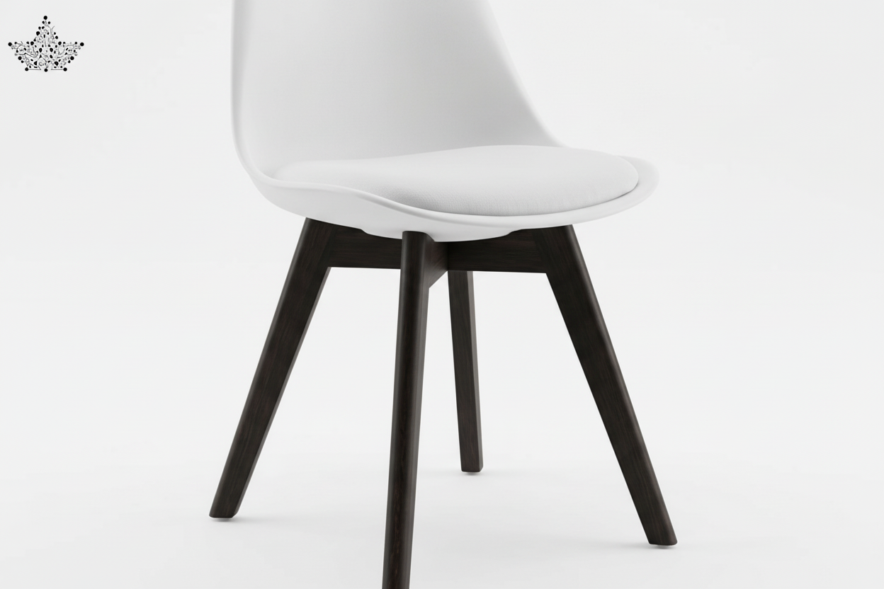 White chair with black legs on a white background