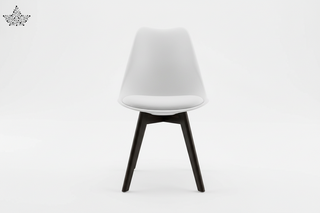 White chair with black legs on a white background