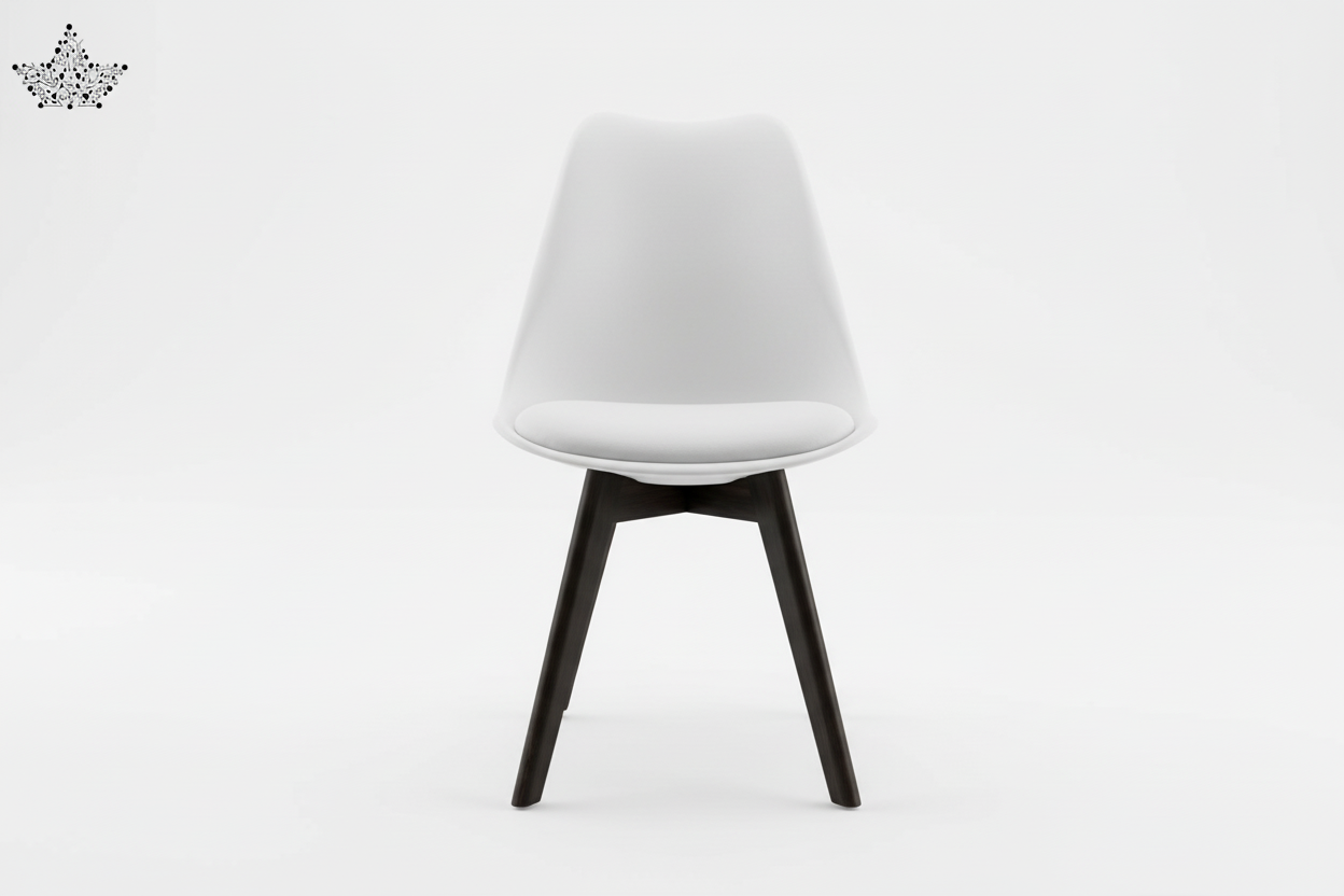 White chair with black legs on a white background