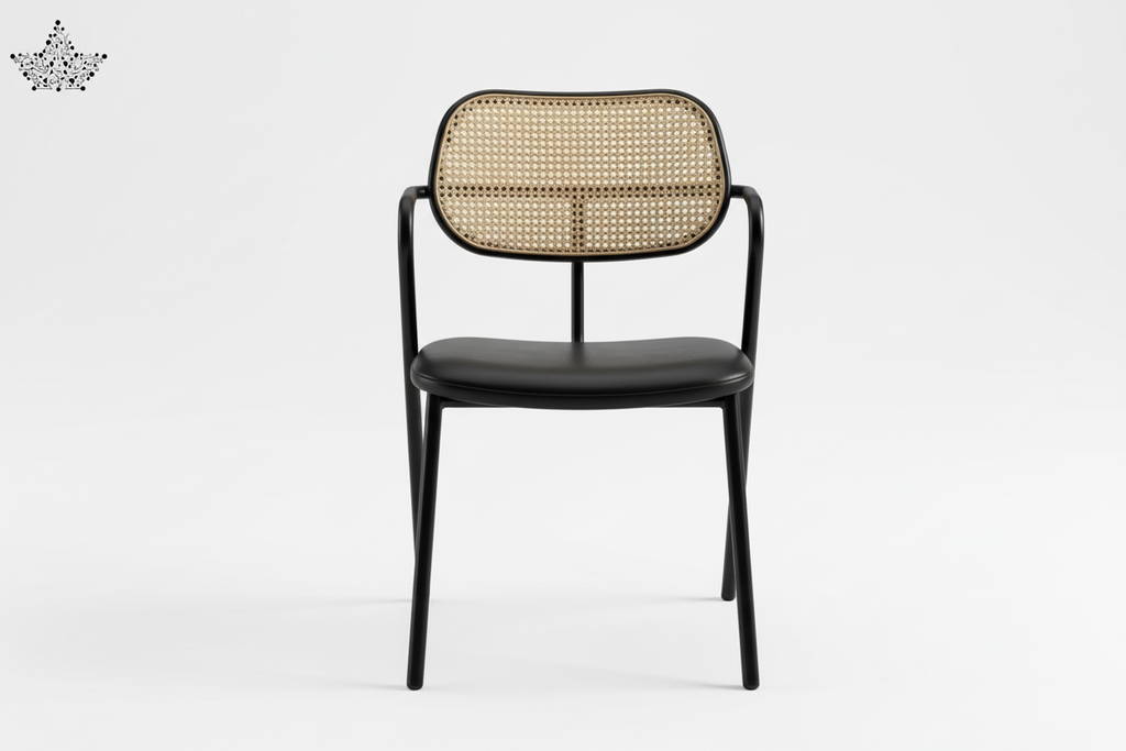 Chair with black frame and woven backrest on a white background